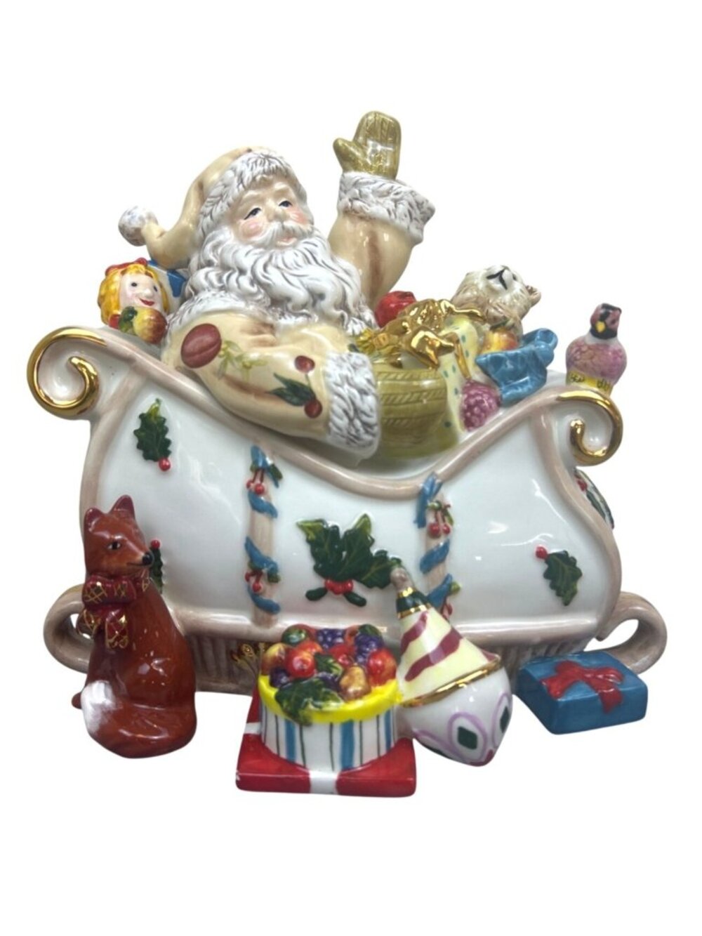 Waterford Holiday Heirlooms Georgian Santa Sleigh Ceramic Candy Jar Gold Rim Lid
